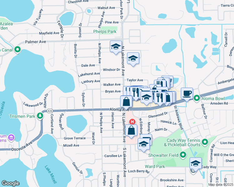 map of restaurants, bars, coffee shops, grocery stores, and more near 1861 Edwin Boulevard in Winter Park