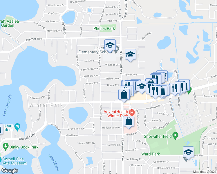 map of restaurants, bars, coffee shops, grocery stores, and more near 1765 Edwin Boulevard in Winter Park