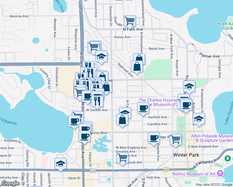 map of restaurants, bars, coffee shops, grocery stores, and more near 841 West Swoope Avenue in Winter Park