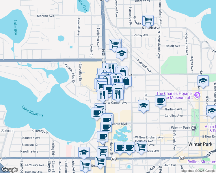 map of restaurants, bars, coffee shops, grocery stores, and more near 480 Orlando Avenue in Winter Park