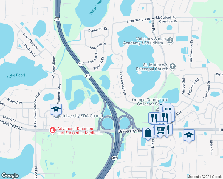 map of restaurants, bars, coffee shops, grocery stores, and more near 4747 Jetty Street in Orlando