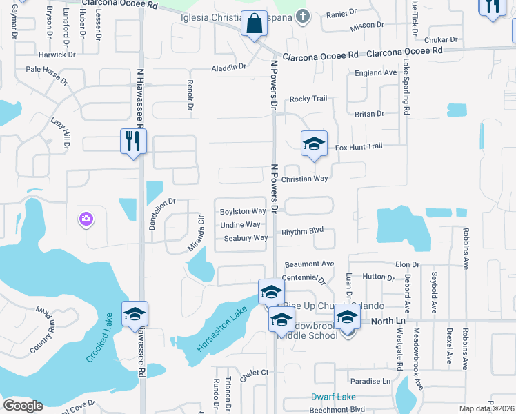 map of restaurants, bars, coffee shops, grocery stores, and more near 6330 Boylston Way in Orlando