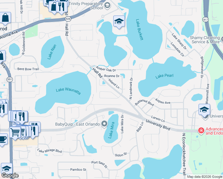 map of restaurants, bars, coffee shops, grocery stores, and more near 8405 Helena Drive in Orlando