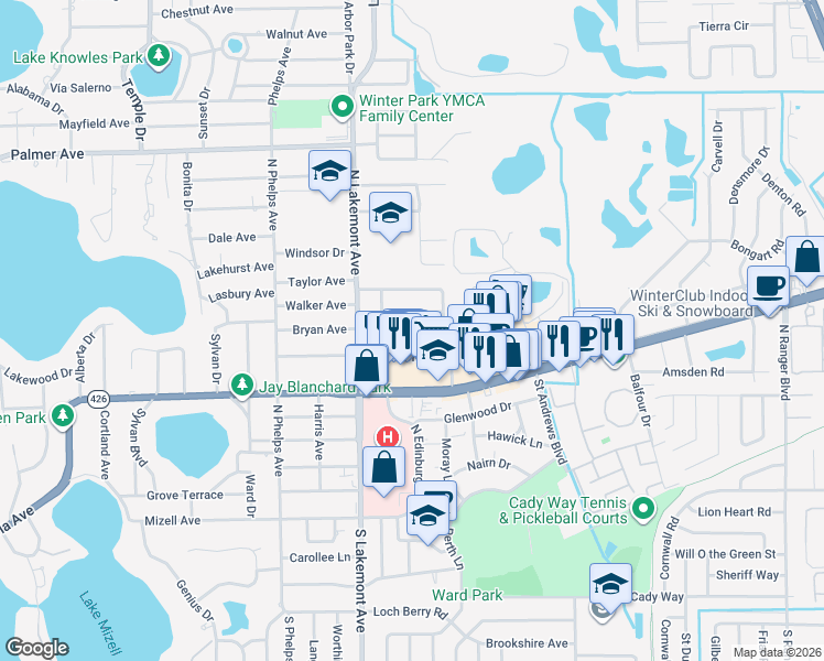 map of restaurants, bars, coffee shops, grocery stores, and more near 2019 Edwin Boulevard in Winter Park