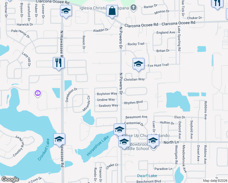 map of restaurants, bars, coffee shops, grocery stores, and more near 6330 Boylston Way in Orlando