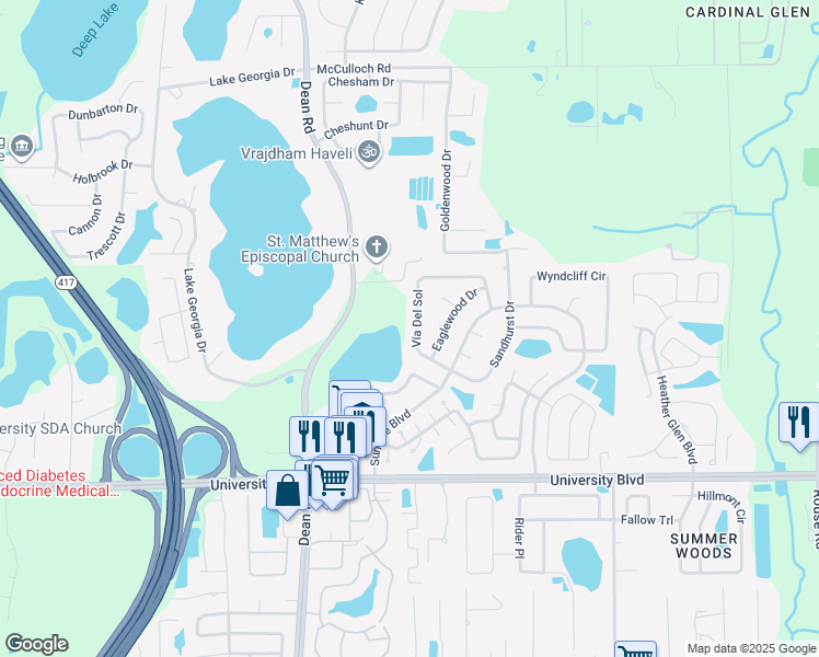 map of restaurants, bars, coffee shops, grocery stores, and more near 4600 Eaglewood Drive in Orlando
