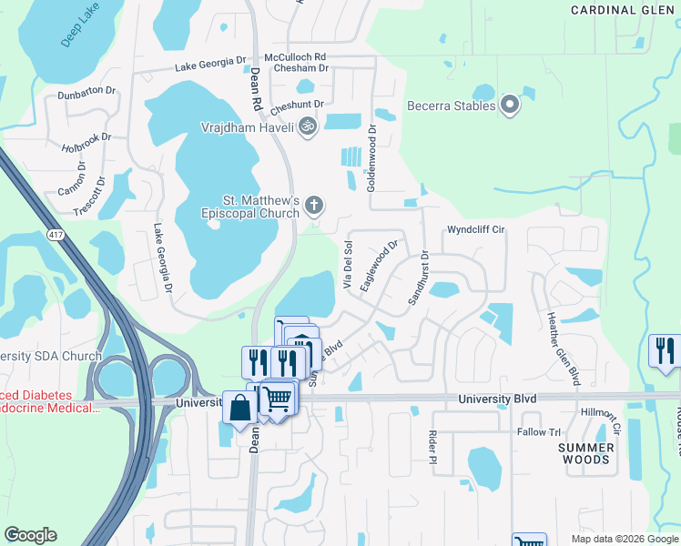 map of restaurants, bars, coffee shops, grocery stores, and more near 4600 Eaglewood Drive in Orlando