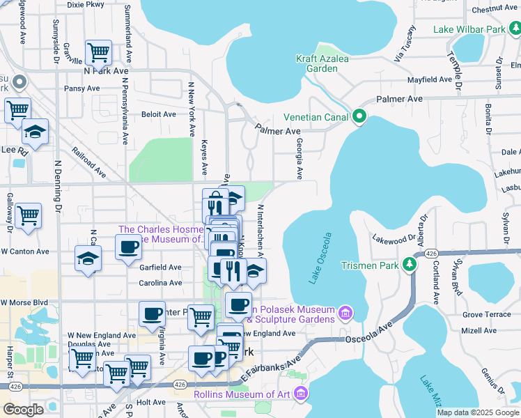 map of restaurants, bars, coffee shops, grocery stores, and more near 642 North Interlachen Avenue in Winter Park