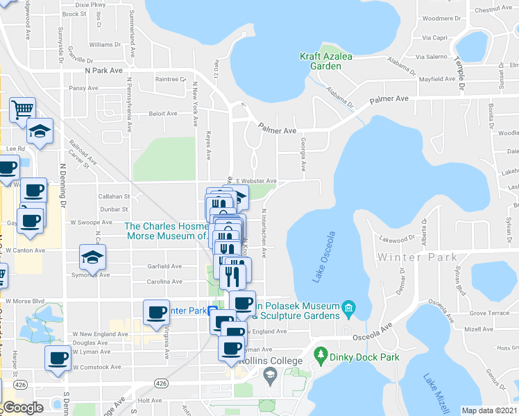 map of restaurants, bars, coffee shops, grocery stores, and more near 203 East Swoope Avenue in Winter Park
