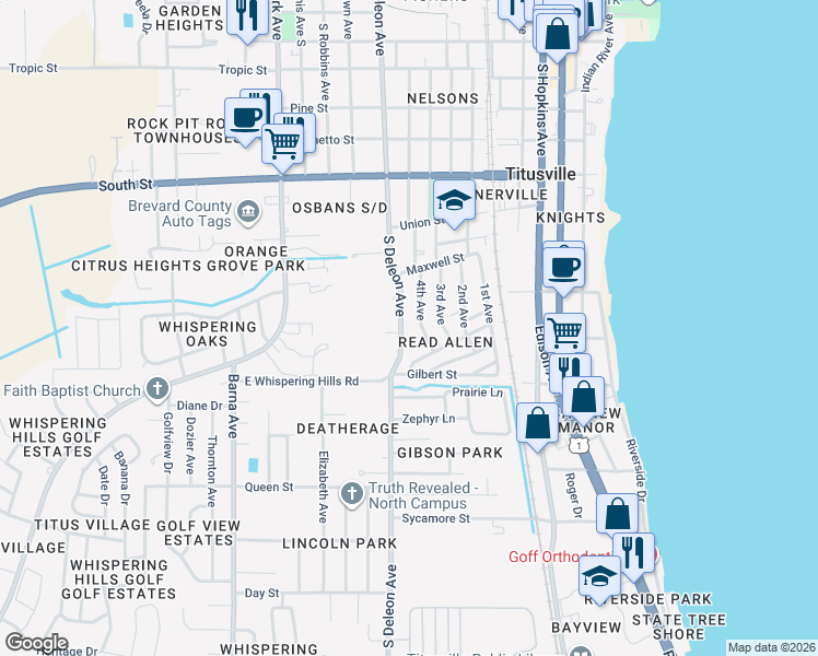 map of restaurants, bars, coffee shops, grocery stores, and more near 1158 South Deleon Avenue in Titusville
