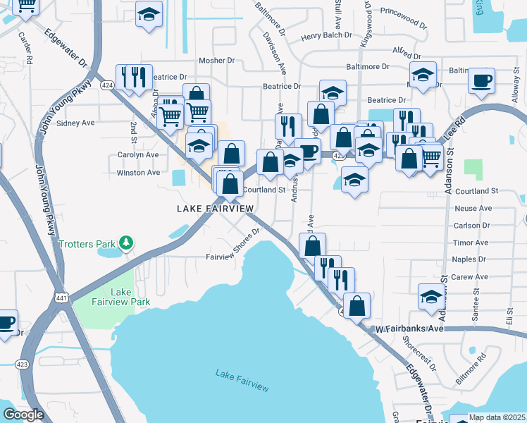 map of restaurants, bars, coffee shops, grocery stores, and more near 4815 Eggleston Avenue in Orlando