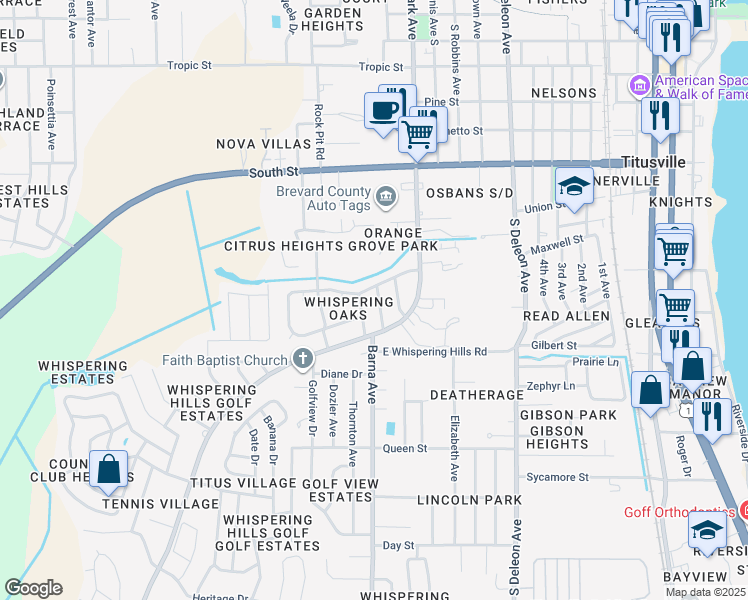 map of restaurants, bars, coffee shops, grocery stores, and more near 1516 Smith Drive in Titusville
