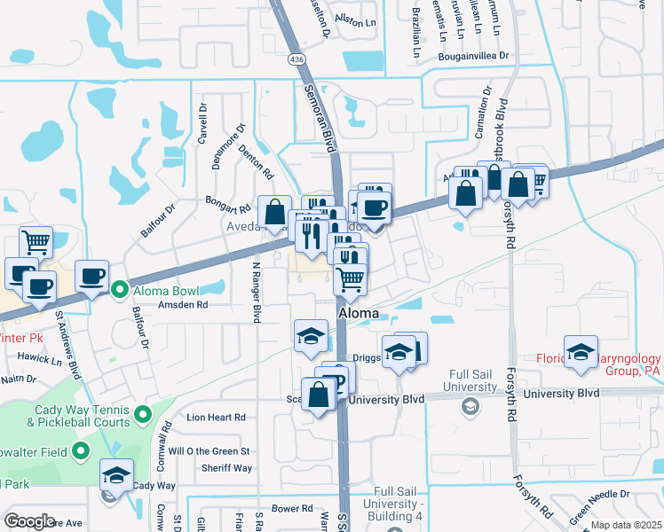 map of restaurants, bars, coffee shops, grocery stores, and more near 494 N Semoran Blvd in Winter Park