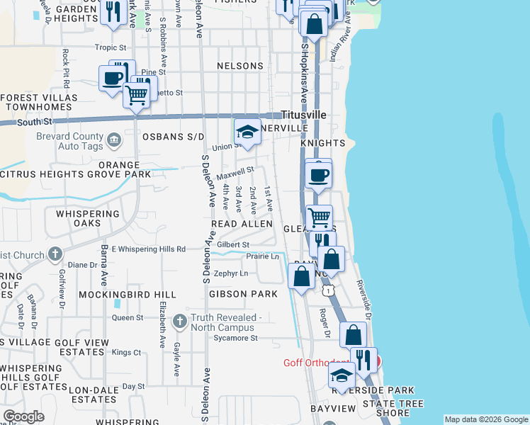 map of restaurants, bars, coffee shops, grocery stores, and more near 1114 1st Avenue in Titusville