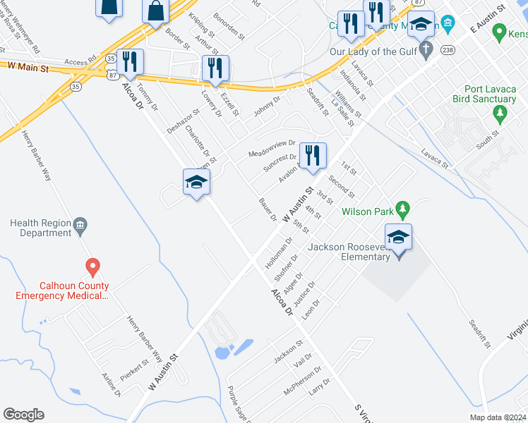 map of restaurants, bars, coffee shops, grocery stores, and more near 1620 Avalon Avenue in Port Lavaca