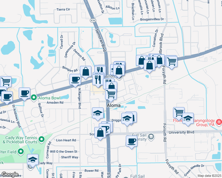 map of restaurants, bars, coffee shops, grocery stores, and more near 494 N Semoran Blvd in Winter Park