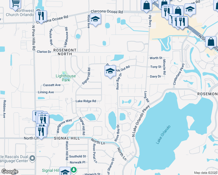 map of restaurants, bars, coffee shops, grocery stores, and more near 4650 Point Look Out Road in Orlando