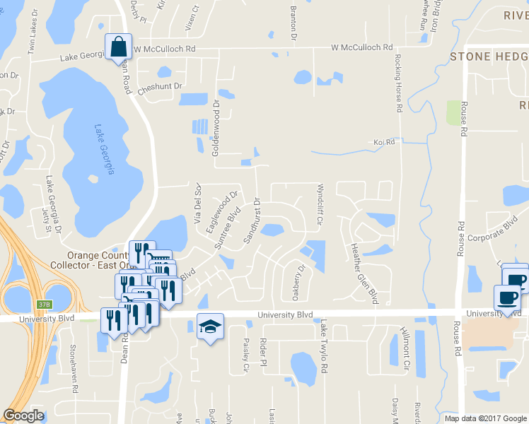 map of restaurants, bars, coffee shops, grocery stores, and more near 10513 Wyndcliff Drive in Orlando