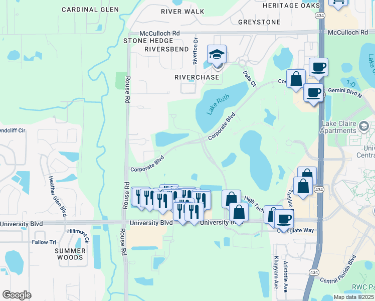 map of restaurants, bars, coffee shops, grocery stores, and more near 11486 Corporate Boulevard in Orlando