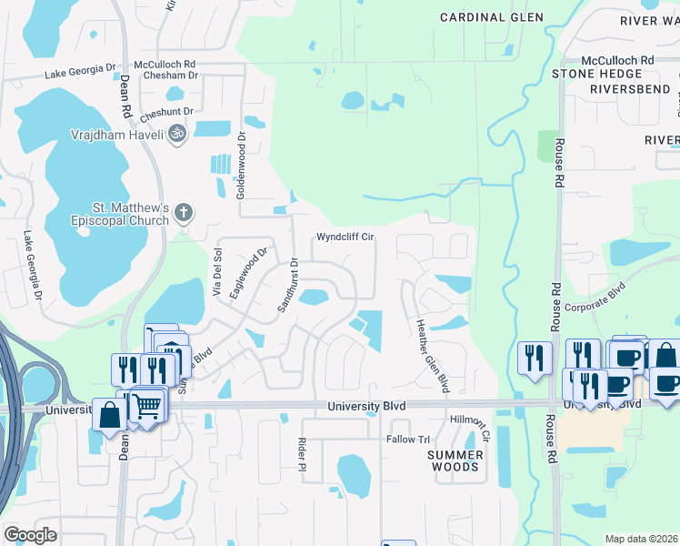 map of restaurants, bars, coffee shops, grocery stores, and more near 10612 Sandridge Court in Orlando