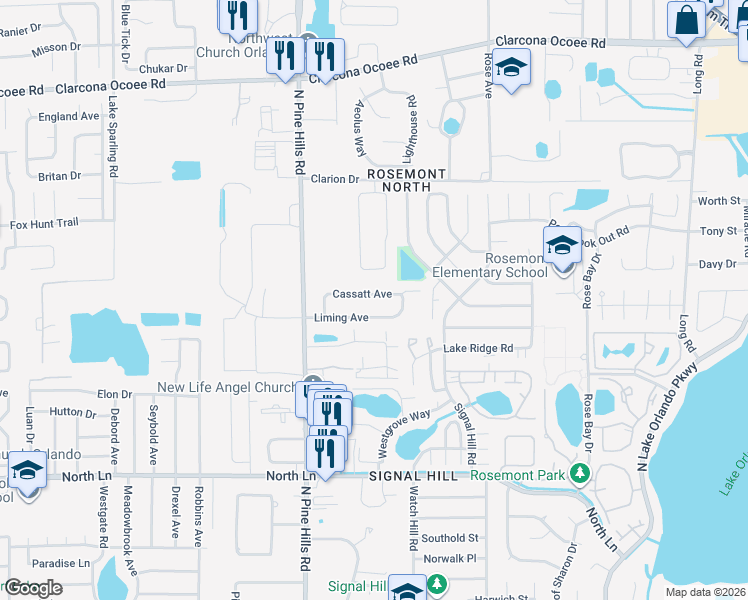 map of restaurants, bars, coffee shops, grocery stores, and more near 5025 Cassatt Avenue in Orlando