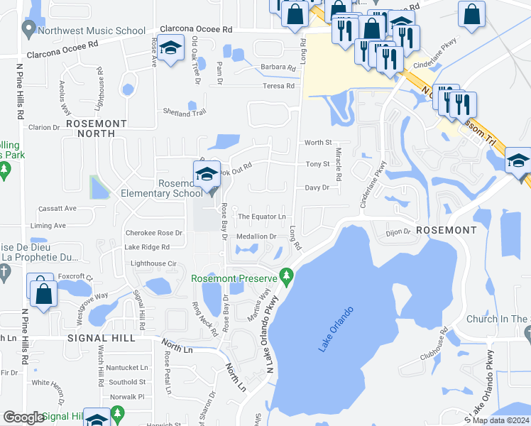 map of restaurants, bars, coffee shops, grocery stores, and more near 5025 Maui Circle in Orlando