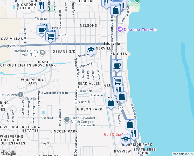 map of restaurants, bars, coffee shops, grocery stores, and more near 1114 1st Avenue in Titusville