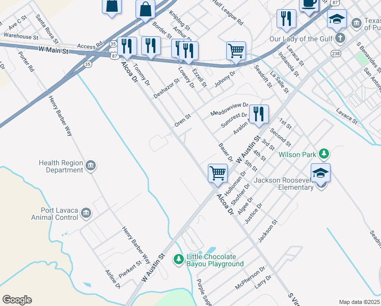 map of restaurants, bars, coffee shops, grocery stores, and more near 300 Alcoa Drive in Port Lavaca