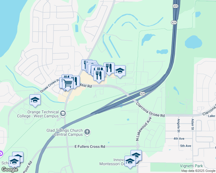 map of restaurants, bars, coffee shops, grocery stores, and more near West Road in Apopka