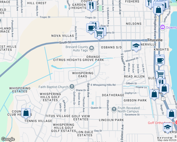 map of restaurants, bars, coffee shops, grocery stores, and more near 1006 Tudor Lane in Titusville