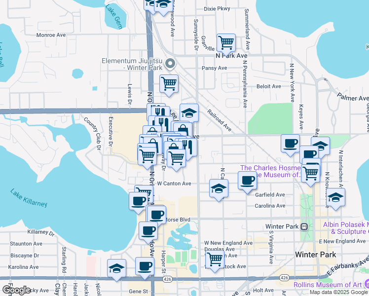 map of restaurants, bars, coffee shops, grocery stores, and more near 520 Orlando Avenue in Winter Park