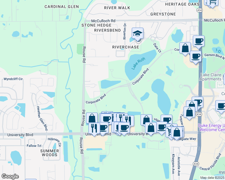 map of restaurants, bars, coffee shops, grocery stores, and more near 11486 Corporate Boulevard in Orlando