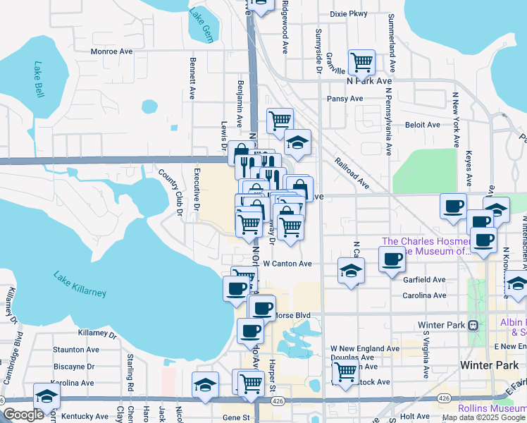 map of restaurants, bars, coffee shops, grocery stores, and more near 600 North Orlando Avenue in Winter Park