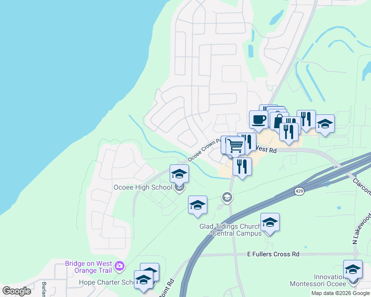 map of restaurants, bars, coffee shops, grocery stores, and more near 2336 Pesaro Circle in Ocoee