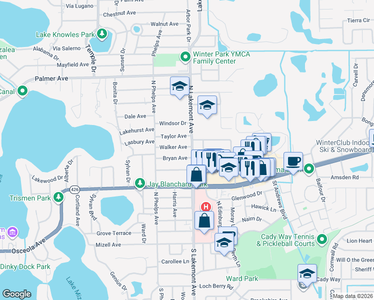 map of restaurants, bars, coffee shops, grocery stores, and more near 1865 Walker Avenue in Winter Park