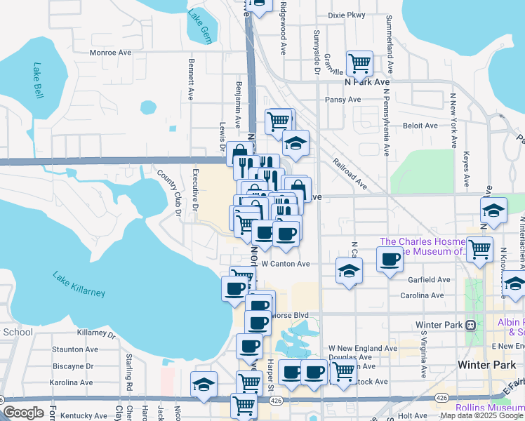 map of restaurants, bars, coffee shops, grocery stores, and more near 600 North Orlando Avenue in Winter Park