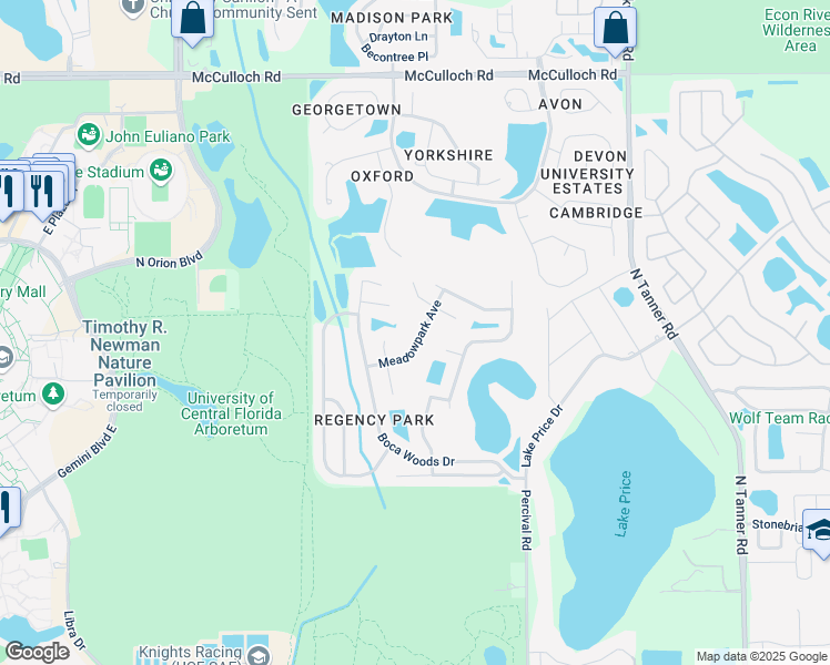 map of restaurants, bars, coffee shops, grocery stores, and more near 13737 Meadowpark Avenue in Orlando