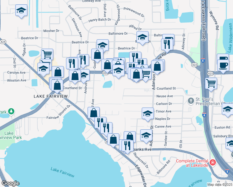 map of restaurants, bars, coffee shops, grocery stores, and more near 1166 Lee Road in Orlando