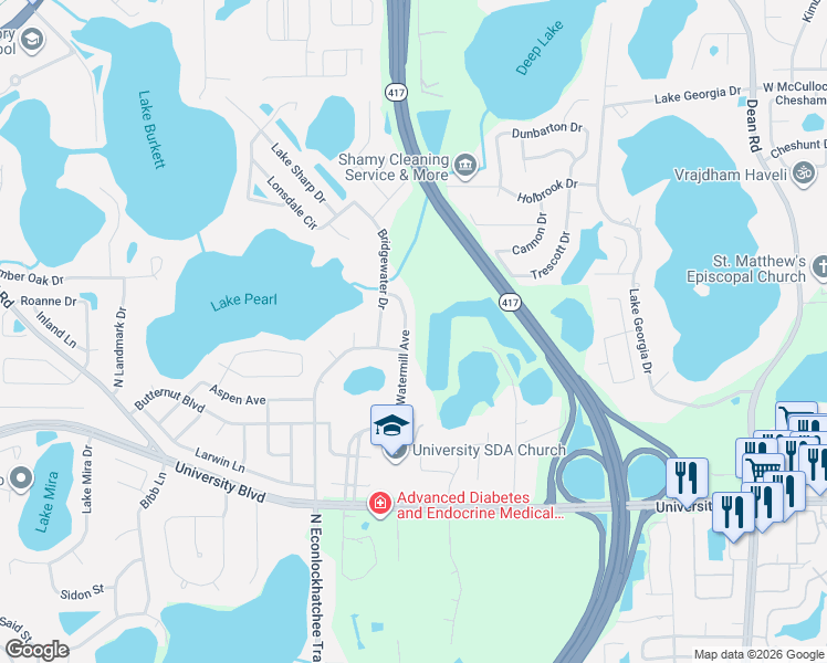 map of restaurants, bars, coffee shops, grocery stores, and more near 4401 Watermill Avenue in Orlando
