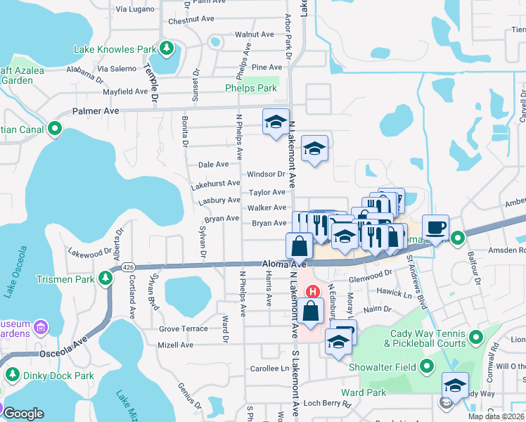 map of restaurants, bars, coffee shops, grocery stores, and more near 1771 Walker Avenue in Winter Park