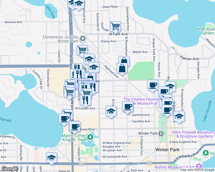 map of restaurants, bars, coffee shops, grocery stores, and more near 810 West Webster Avenue in Winter Park