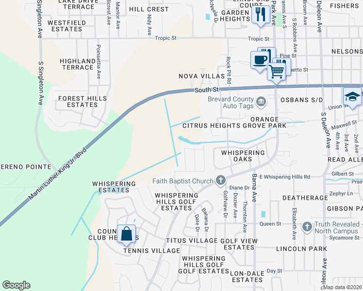 map of restaurants, bars, coffee shops, grocery stores, and more near 2070 Morbeca Street in Titusville