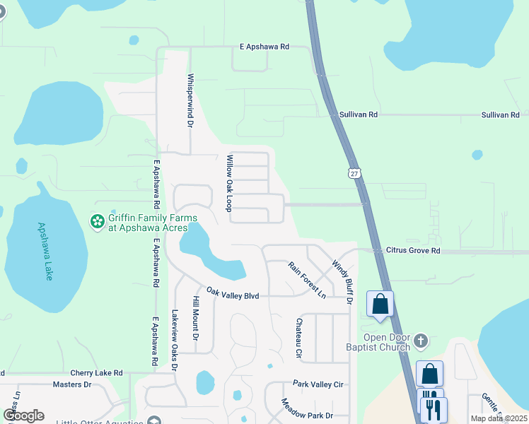 map of restaurants, bars, coffee shops, grocery stores, and more near 935 Cork Oak Lane in Minneola