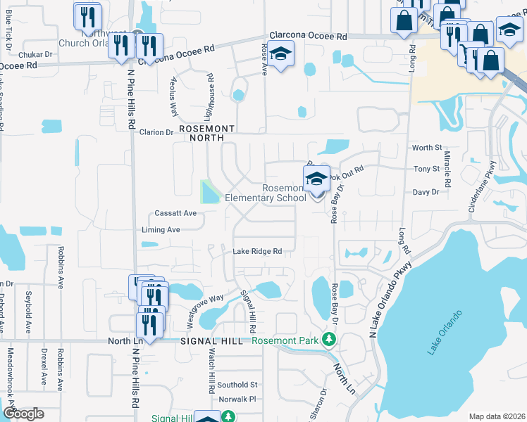 map of restaurants, bars, coffee shops, grocery stores, and more near 5053 Signal Hill Road in Orlando