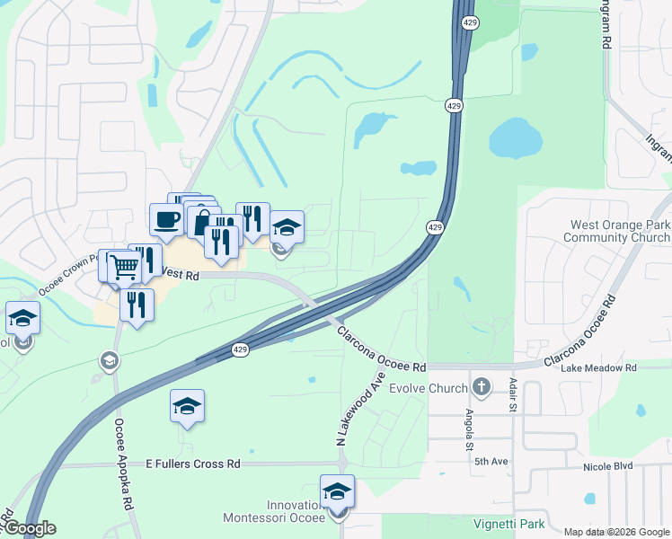 map of restaurants, bars, coffee shops, grocery stores, and more near 2199 West Road in Apopka