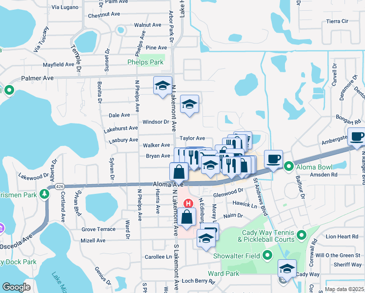map of restaurants, bars, coffee shops, grocery stores, and more near 630 Glenarden Road in Winter Park