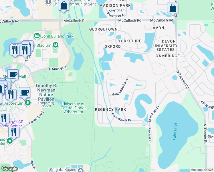 map of restaurants, bars, coffee shops, grocery stores, and more near 4343 Boca Woods Drive in Orlando