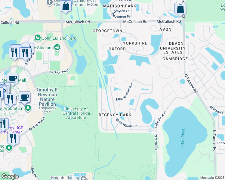 map of restaurants, bars, coffee shops, grocery stores, and more near 4343 Boca Woods Drive in Orlando