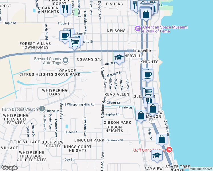 map of restaurants, bars, coffee shops, grocery stores, and more near 1046 South Deleon Avenue in Titusville