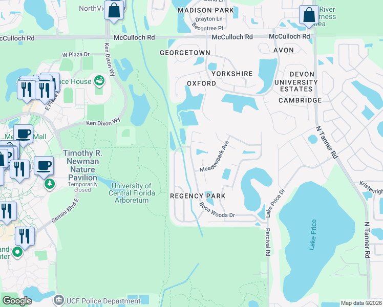 map of restaurants, bars, coffee shops, grocery stores, and more near 4343 Boca Woods Drive in Orlando
